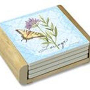 Coaster Set (4) Herb Garden Butterfly Wood Holder